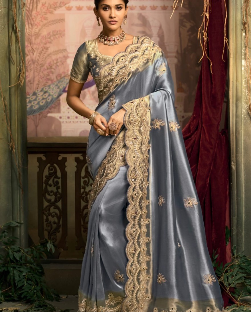 BLUE - Blue Silk Saree with Heavy Gold Embroidered Border Designer Blouse